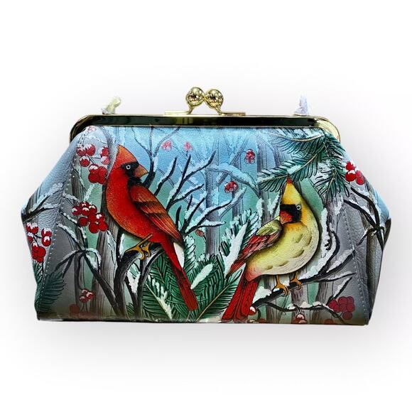 Anuschka Cardinal Hand-Painted Leather Kiss Lock Clutch Crossbody Shoulder Purse